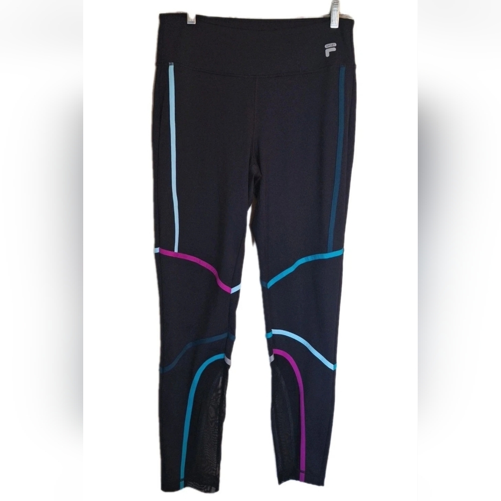 Fila Sport Womens Leggings Full Length Sheer Leg Panel Black Neon Yoga Size L